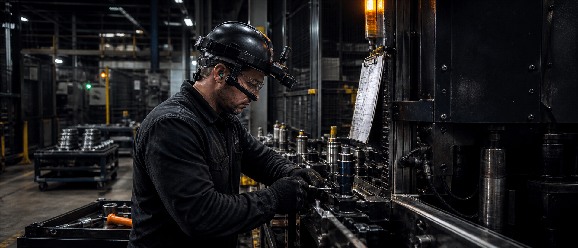 Operator in a head-mounted capture rig working a fixture on a live production line