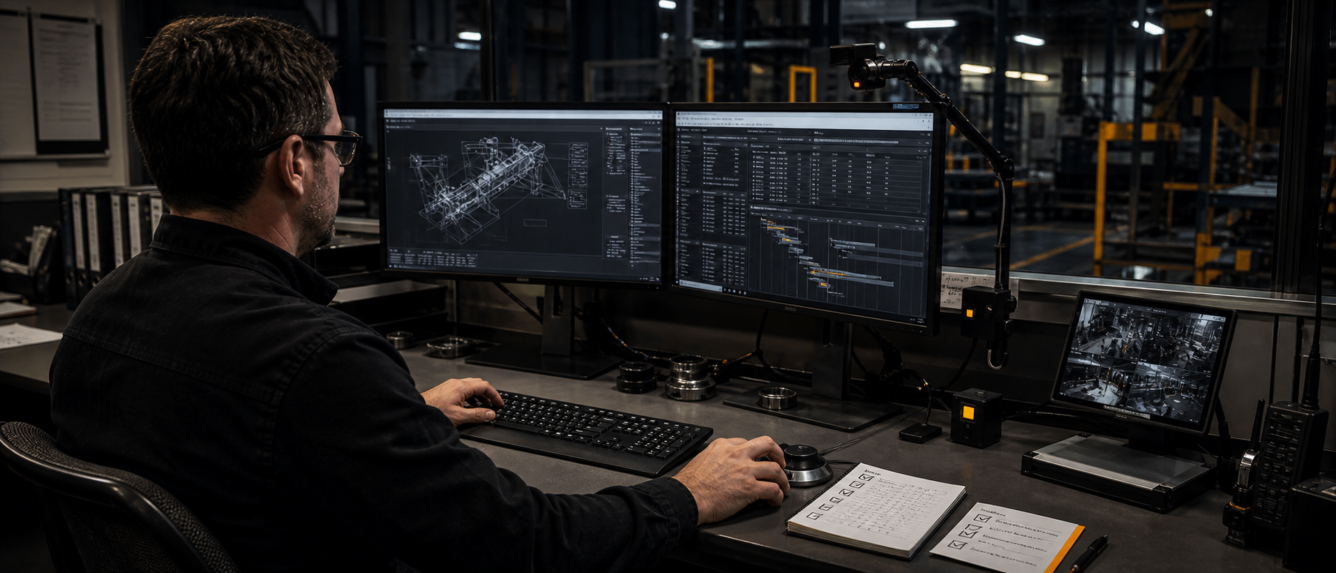 Engineer at a desk with CAD and production schedule on two monitors, screen capture rig overhead